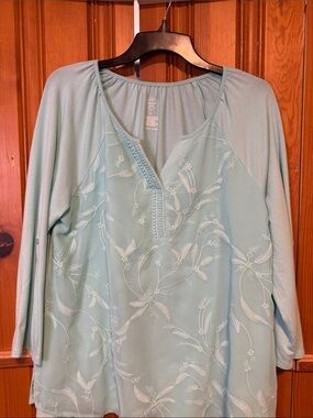 St. John's Bay Light Aqua Embroidered V-Neck Blouse